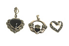 Lot of 3 Sterling Silver Onyx & Marcasite Heart & Claddagh Pendants