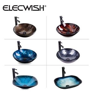 ELECWISH Bathroom Vessel Sink Painted Glass Counter top Basin Bowl with Faucet