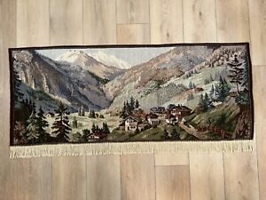 Vintage Wall Tapestry Tassel Fringe Landscape Mountain Village Rustic Cabins
