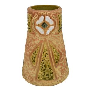 New ListingRoseville Mostique Tan 1916 Vintage Arts And Crafts Pottery Ceramic Vase 1-6