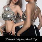 Women Bling Glitter Silver Sequin Halter Backless Bra Cropped Top Party Clubwear