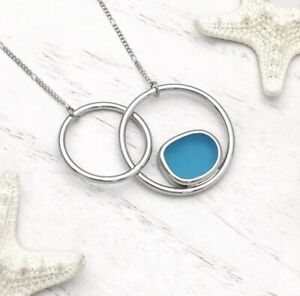 Double Circle Aqua Sea Glass Statement Necklace  Silver