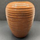 vtg 1992 pottery vase ribbed brown orange white speckle glaze 9 in tall signed