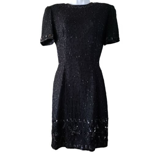Stenay Vintage Black Silk Beaded Dress, w/ Sequins, Short Sleeve, Sz 6