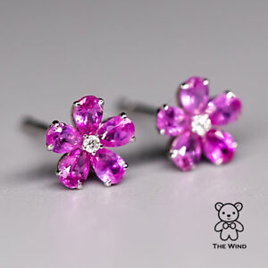 Pink Sapphire Diamond Sakura Cherry Blossom Flower Stud Earrings 18K Rose Gold