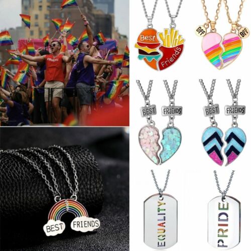Fashion Rainbow LGBT Best Friend Heart 2 Pendants Necklace Bff Friendship Gifts