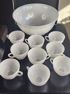 New ListingVintage Anchor Hocking White Milk Glass Punch Bowl with base and 9 Cups Set