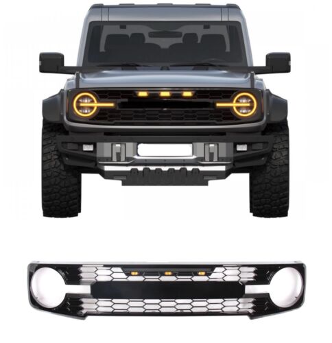 For 2021 2023 Ford Bronco Gloss Black Grille Mesh Raptr Style Lights Amber (For: 2021 Ford Bronco Badlands 2.7L)