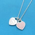 TIFFANY & Co. Return to Mini Double Heart Tag Necklace Pink Enamel 925 Silver FS