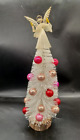 White Glitter Tipped Bottle Brush Tree Decorated with Vintage Glass Ornaments