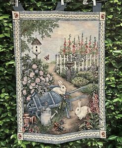 Woven Tapestry Wall Hanging Rabbits Garden Blue Green White 26 