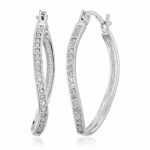 1/4 ct Diamond Hoop Earrings for Women in .925 Sterling Silver Rhodium 1 Inch
