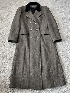 VINTAGE Karen Coat Womens S/M Fit Tweed Wool Long Trench Overcoat Union Made USA
