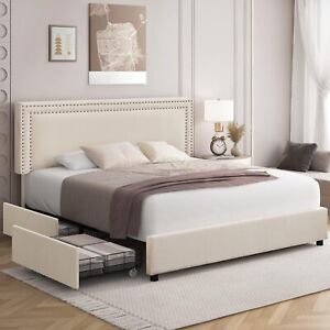 Bed Frame with 4 Storage Drawers Full Queen Size Wood Platform Velvet Headboard