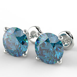 3 Ct Round Cut VS1/Blue Diamond Stud Earrings 14K White Gold