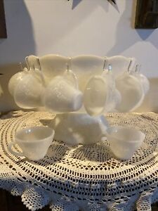 Anchor Hocking Milk Glass Harvest Grape Punch Bowl Set 10 Cups W/Hooks