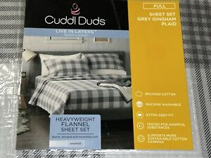 Cuddl Duds 100% Cotton Brushed Flannel Sheet Set Full Size Grey Gingham Plaid