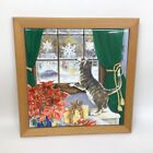 Tile Trivet in Wood Frame Wall Hanging WIntertime Cat Signed Cara Kirby Window