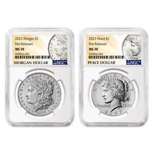 2023 $1 Morgan and Peace Silver Dollar 2pc Set NGC MS70 FR w/Box&COA