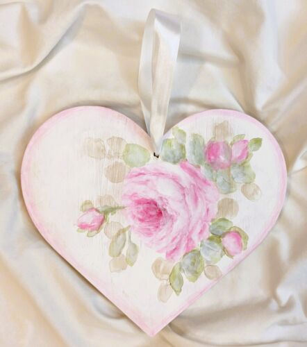SHABBY CHIC PINK ROSES HEART hp vintage Hand Painted cottage wood wall decor new