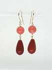 14k Yellow Gold Pink Coral and Red Coral Teardrop Drop Dangle Earrings
