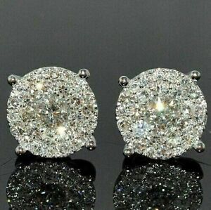 1Ct Round Cut Real Moissanite Men's Cluster Stud Earrings 14K White Gold Plated