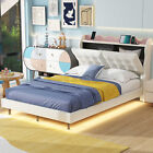 Full Size Bed Frame with Storage Headboard & LED Lights Upholstered Platform Bed