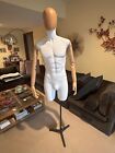 VERY LIGHTLY USED WHITE FIBERGLASS 3/4 TORSO MALE MANNEQUIN WOODEN FLEX ARMS