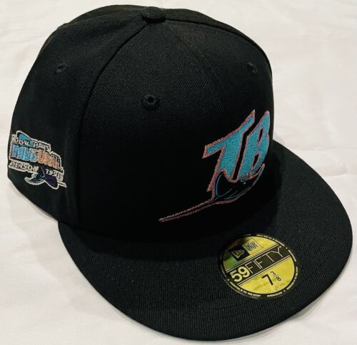 New Era Tampa Bay Devil Rays￼ Black Fitted Hat Cap Inaugural Patch SZ 7 3/8 NWT