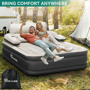 Queen Size Air Mattress Sofa Bed w/Inflatable Headboard & Pillow, Electric Pump