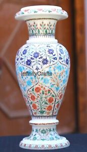 Inlaid with Multicolor Gemstone Flower Vase White Marble Nursery Decor Plant Pot