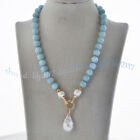 Natural Blue Aquamarine Gems Beaded White Keshi Baroque Pearl Pendant Necklace