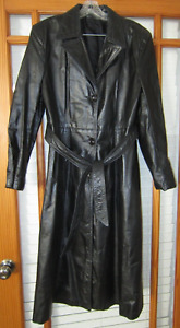 Vintage Genuine Black Belted Leather Coat Women's 17/18