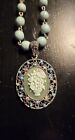 Vintage Cute Blue And Green Cameo Style Beaded Necklace