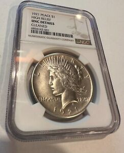 1921 Peace Dollar High Relief Very Fine Condition UNC Details Cleaned 90% Silver