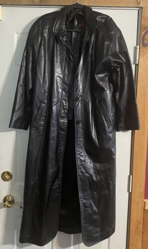 VINTAGE Georgie Kaye Long Black Leather Trench Goth Coat Duster Size Medium M
