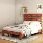 Farmhouse Wood Platform Bed with Headboard w/Solid Wood Slats and Metal Frame