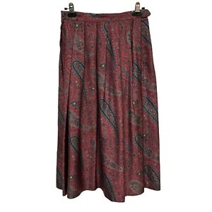 Vintage Silk Pleated Maxi Skirt 28 Waist Pockets Paisley Maroon
