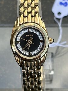 Ladies Elgin Gold Watch with Black Dial and Rhinestones, New Battery #EG285N