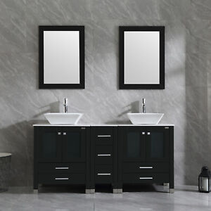 60'' Black Wood Bathroom Vanities w/ Ceramic Sinks Counter Tops Mirrors Faucets