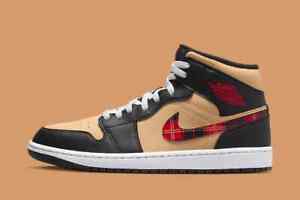 Nike Air Jordan 1 Mid Tartan Swoosh Plaid Black Sesame Red DZ5329-001 Men's New