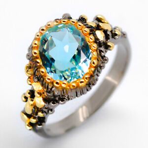 Natural Blue Topaz Vintage 14k Yellow Gold Plated 925 Sterling Silver Ring/RVS01