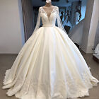 A-line Wedding Dresses Ivory/White Satin Long Sleeve Beading Plearls Bridal Gown
