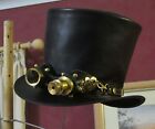 BLACK LEATHER MEN'S FORMAL STEAMPUNK TOP HAT WITH AVIATOR GOGGLES COSPLAY