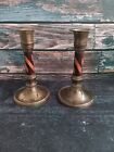 VTG  Brass Candlesticks Wood Inlay Taper Candle Holders Inlay Boho Chic