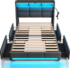 Rolanstar Twin Size Bed Frame with LED Lights and Charging Station, Upholstered
