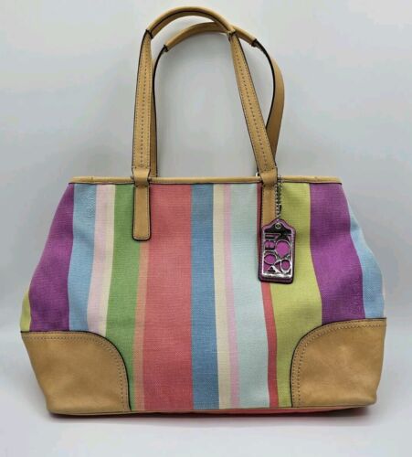 Coach Hamptons Summer Striped Canvas and Leather Shoulder Bag Tote 19357