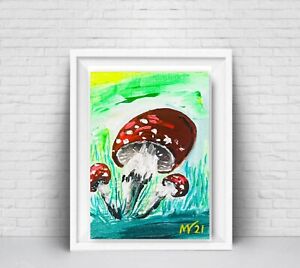 Fly Agaric Painting Mushrooms Original Art Acrylic Wall Art Canvas Painting 6 x4
