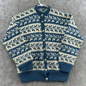 VTG  Hand Knit Norwegian Sweater Womens XL Beige Blue Geometric Cardigan 80s