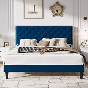 King Size Velvet Bed Frame with Adjustable Diamond Button Tufted Headboard, Blue